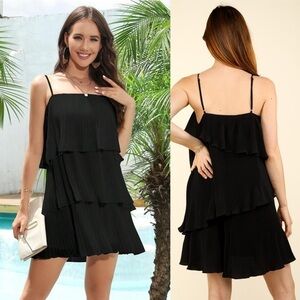Chic Black Three-Tiered Ruffle Cami Dress